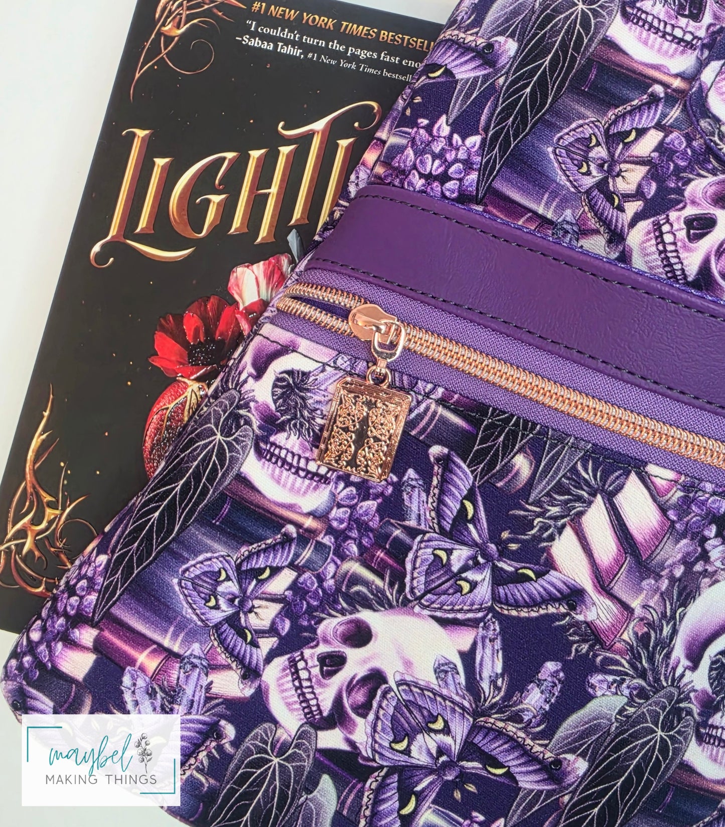 Large Books Sleeve w/crossbody strap Skulls, moth, books Purple (In Stock)