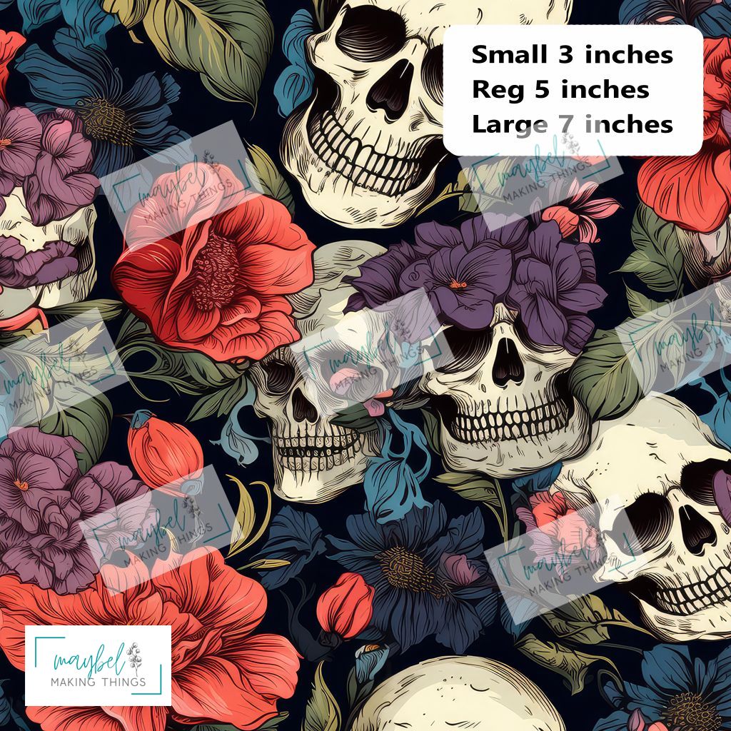 Purple and Orange Floral Skulls - REGULAR - Cotton Canvas 1m Retail