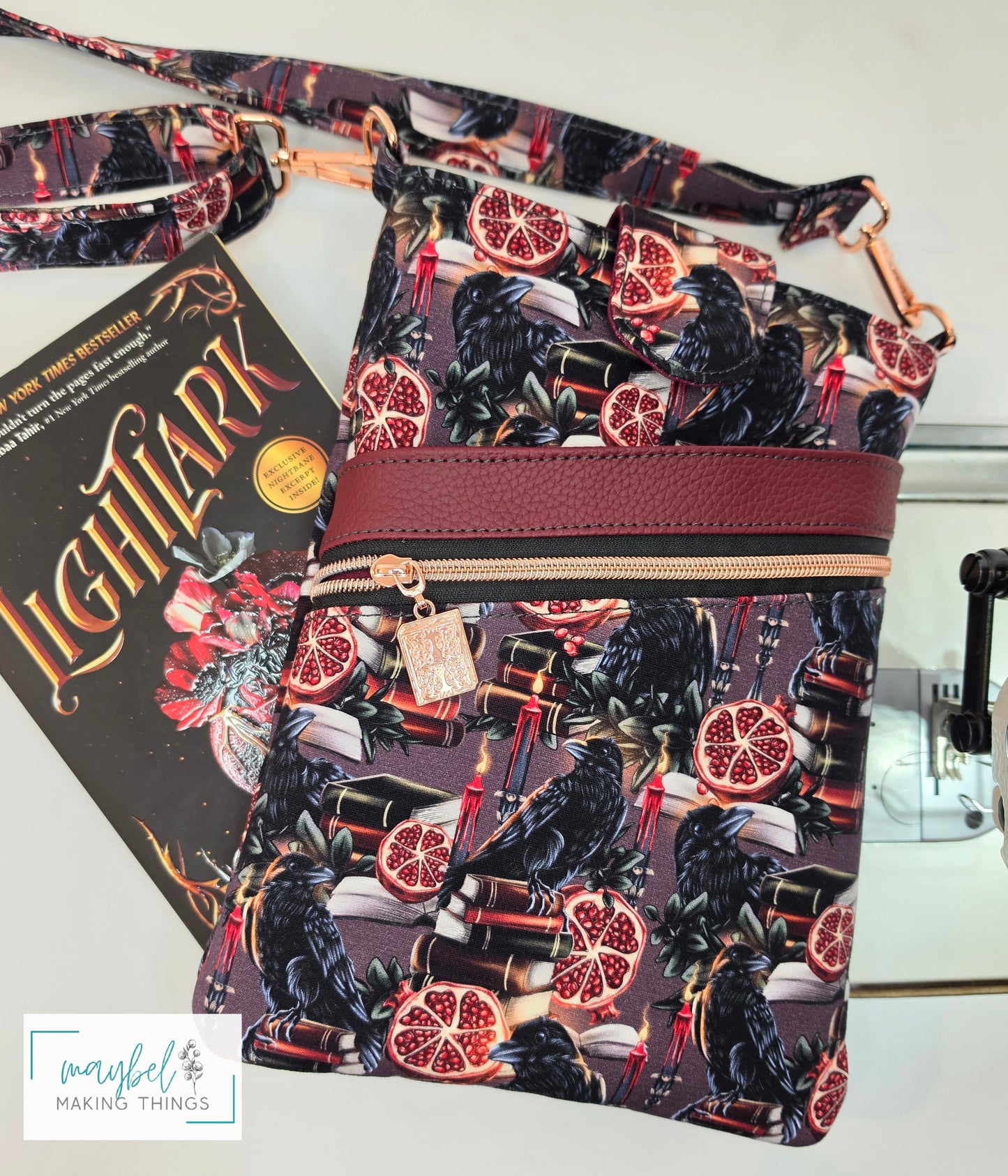 Large Books Sleeve w/crossbody strap Raven, books, pomegranate (In Stock)