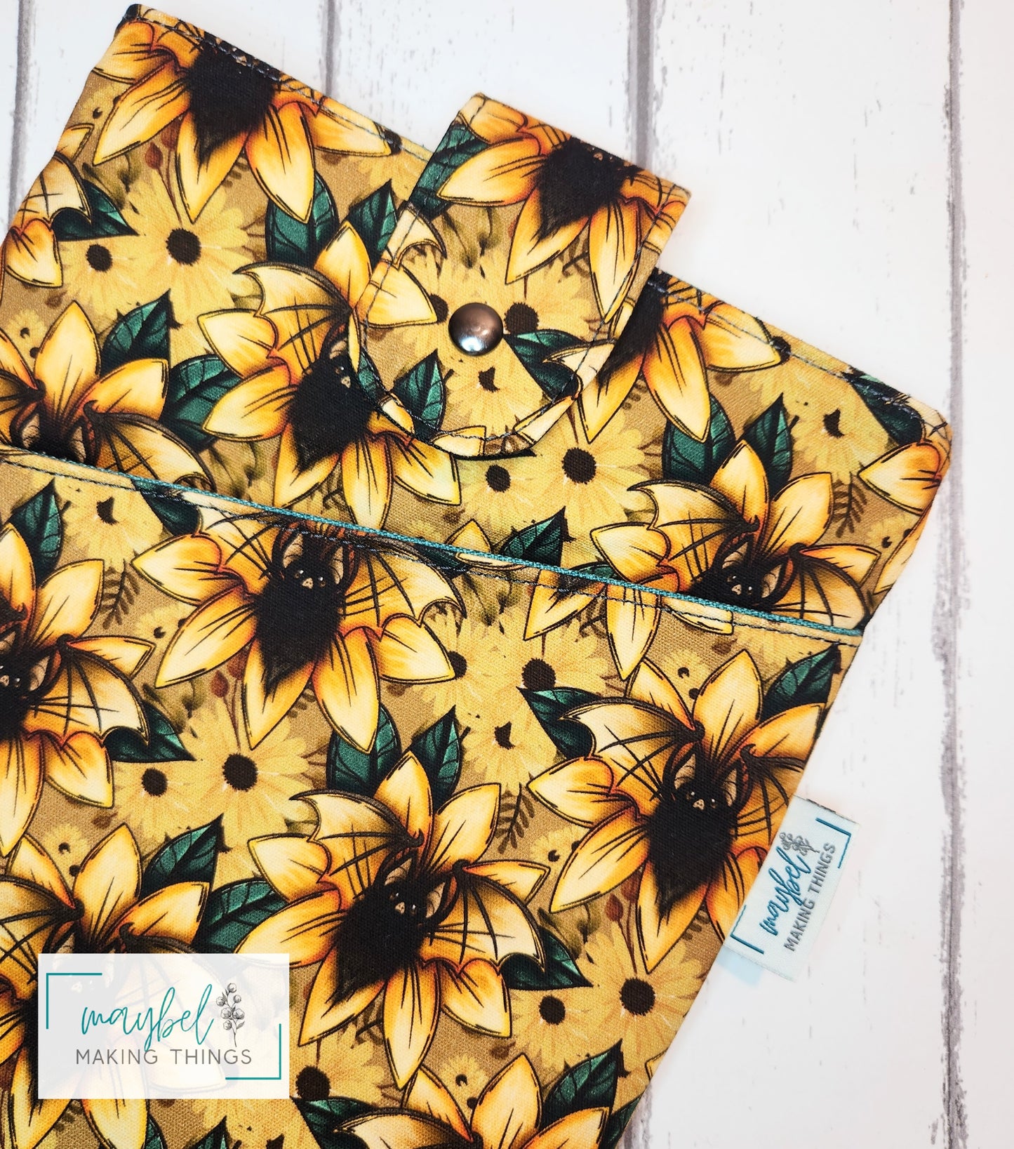 Large Book Sleeve - Sunflower Bats with front slip pocket (In Stock)