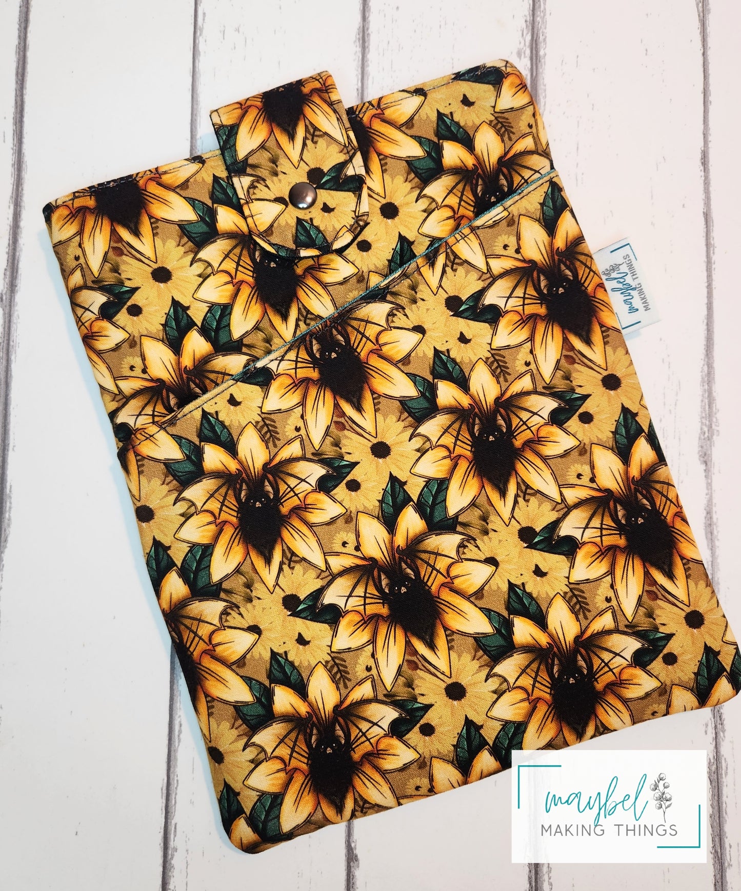 Large Book Sleeve - Sunflower Bats with front slip pocket (In Stock)