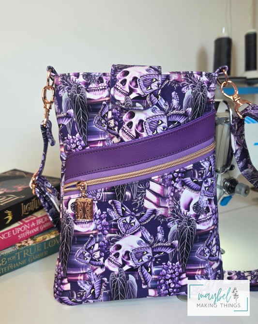 Large Books Sleeve w/crossbody strap Skulls, moth, books Purple (In Stock)
