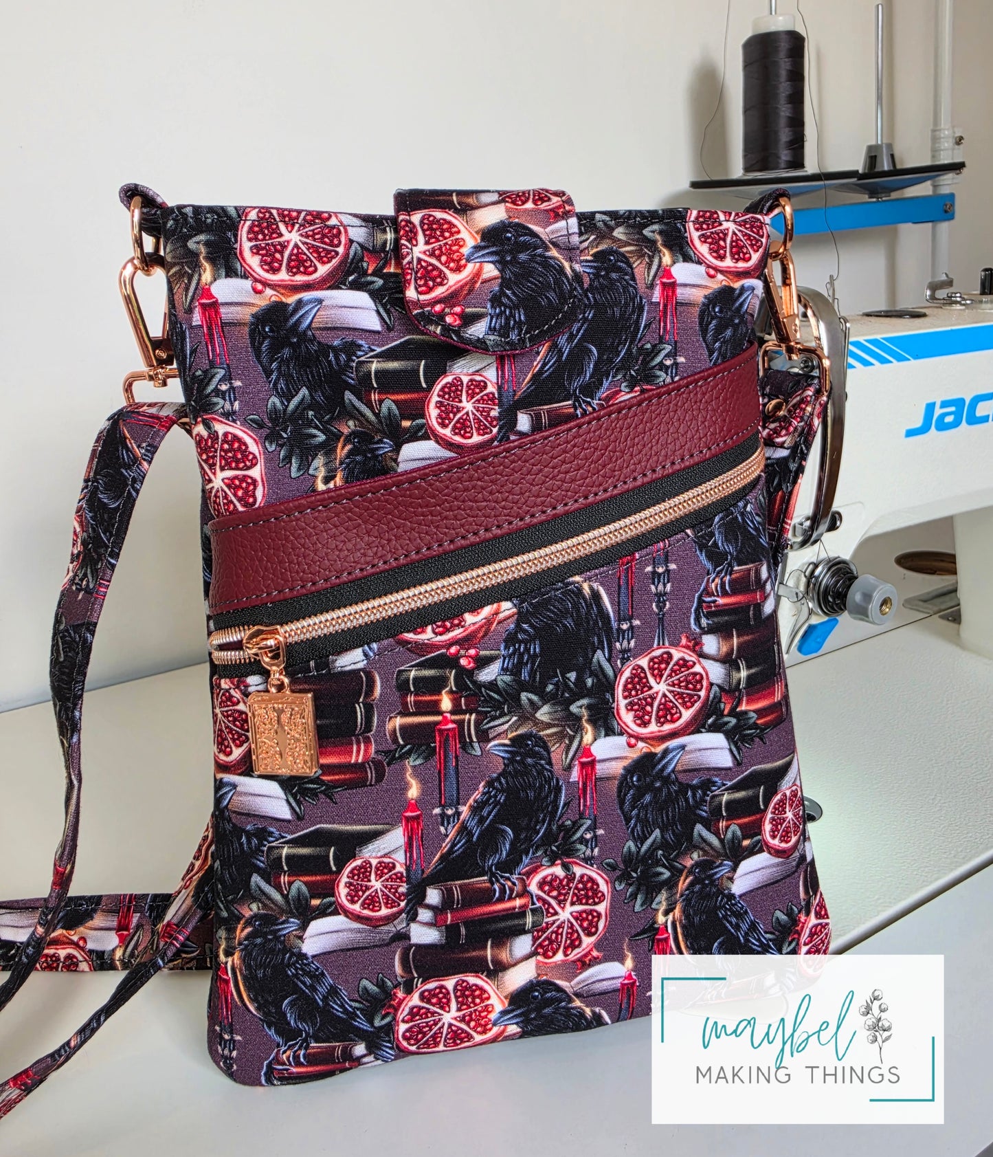 Large Books Sleeve w/crossbody strap Raven, books, pomegranate (In Stock)