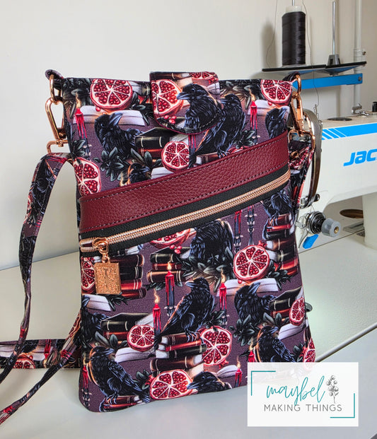 Large Books Sleeve w/crossbody strap Raven, books, pomegranate (In Stock)