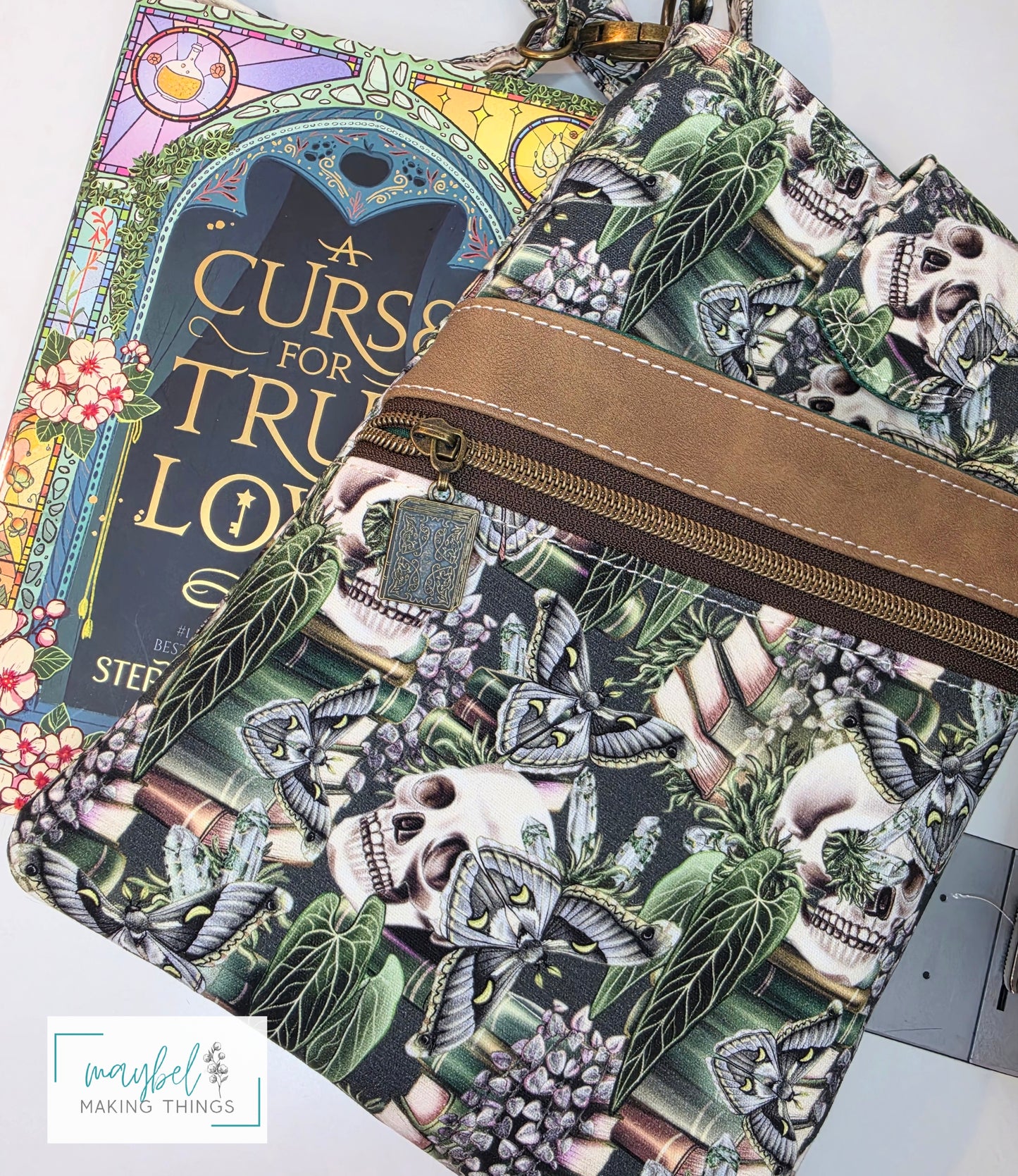 Large Books Sleeve w/crossbody strap Skulls, moth, books Green(In Stock)