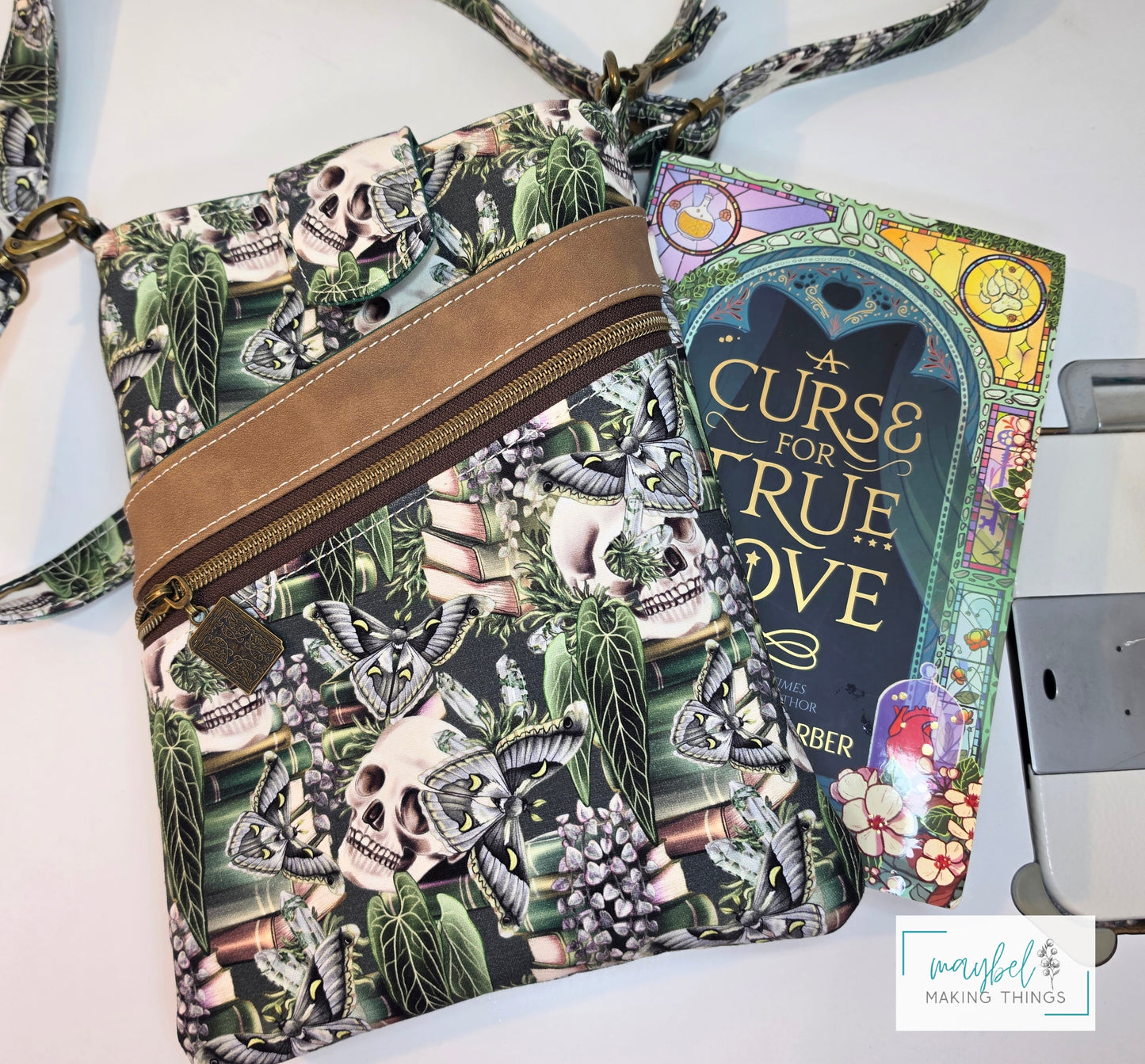 Large Books Sleeve w/crossbody strap Skulls, moth, books Green(In Stock)
