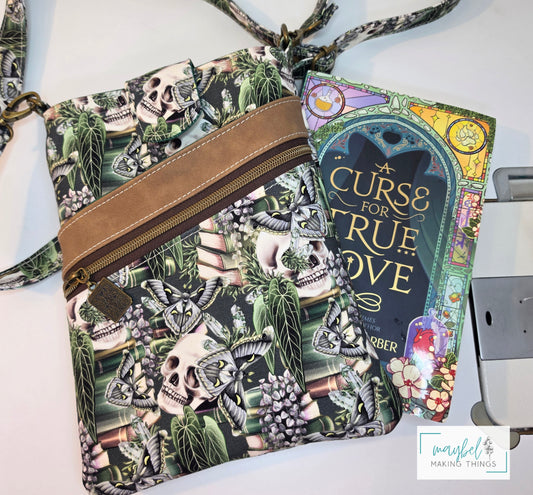 Large Books Sleeve w/crossbody strap Skulls, moth, books Green(In Stock)