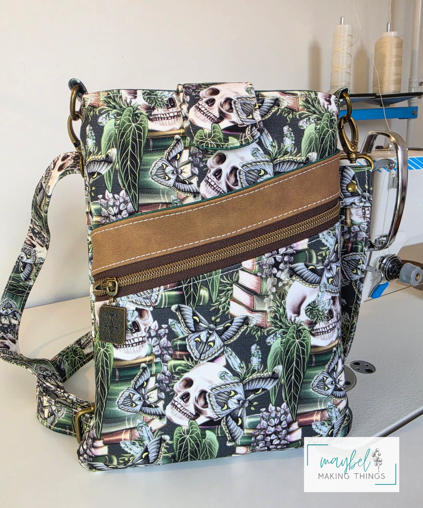 Large Books Sleeve w/crossbody strap Skulls, moth, books Green(In Stock)