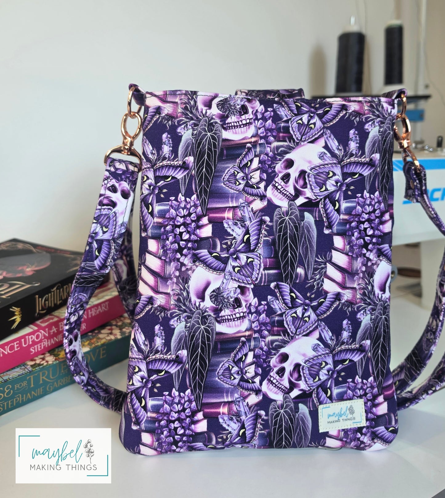 Large Books Sleeve w/crossbody strap Skulls, moth, books Purple (In Stock)
