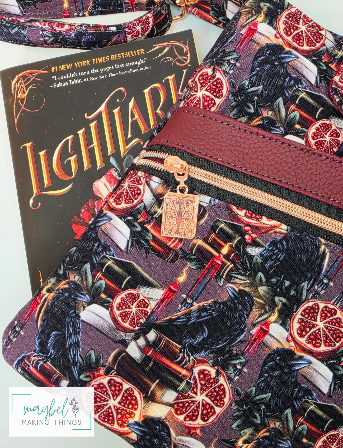 Large Books Sleeve w/crossbody strap Raven, books, pomegranate (In Stock)