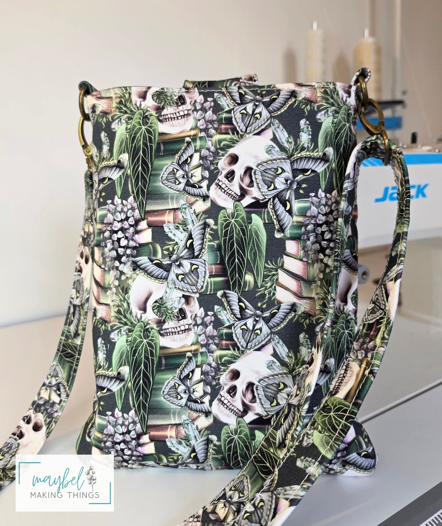 Large Books Sleeve w/crossbody strap Skulls, moth, books Green(In Stock)