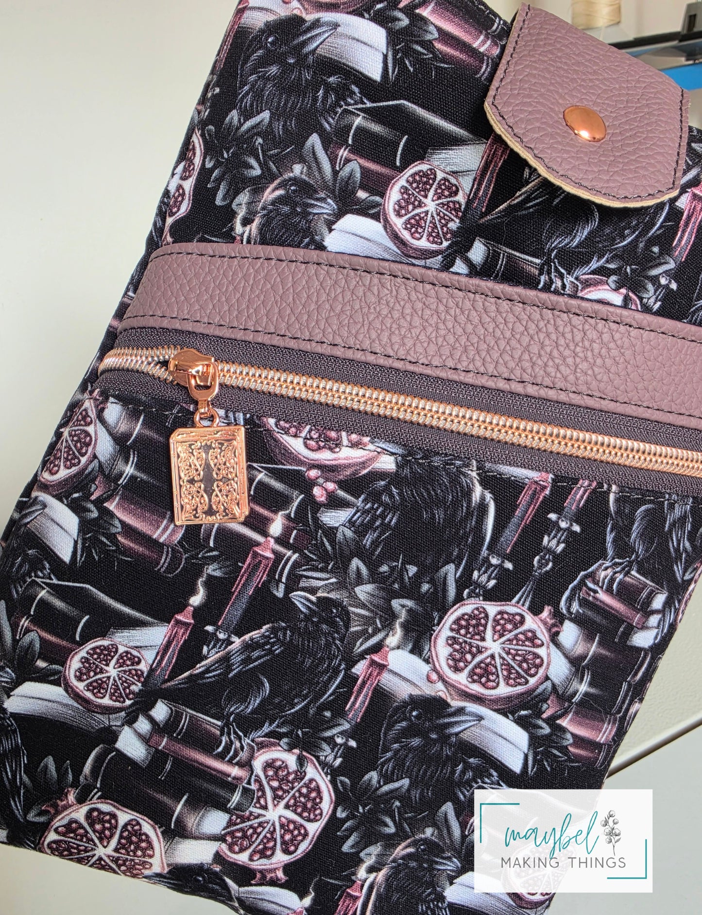 Large Book Sleeve - Raven and black pomegranate (In Stock)