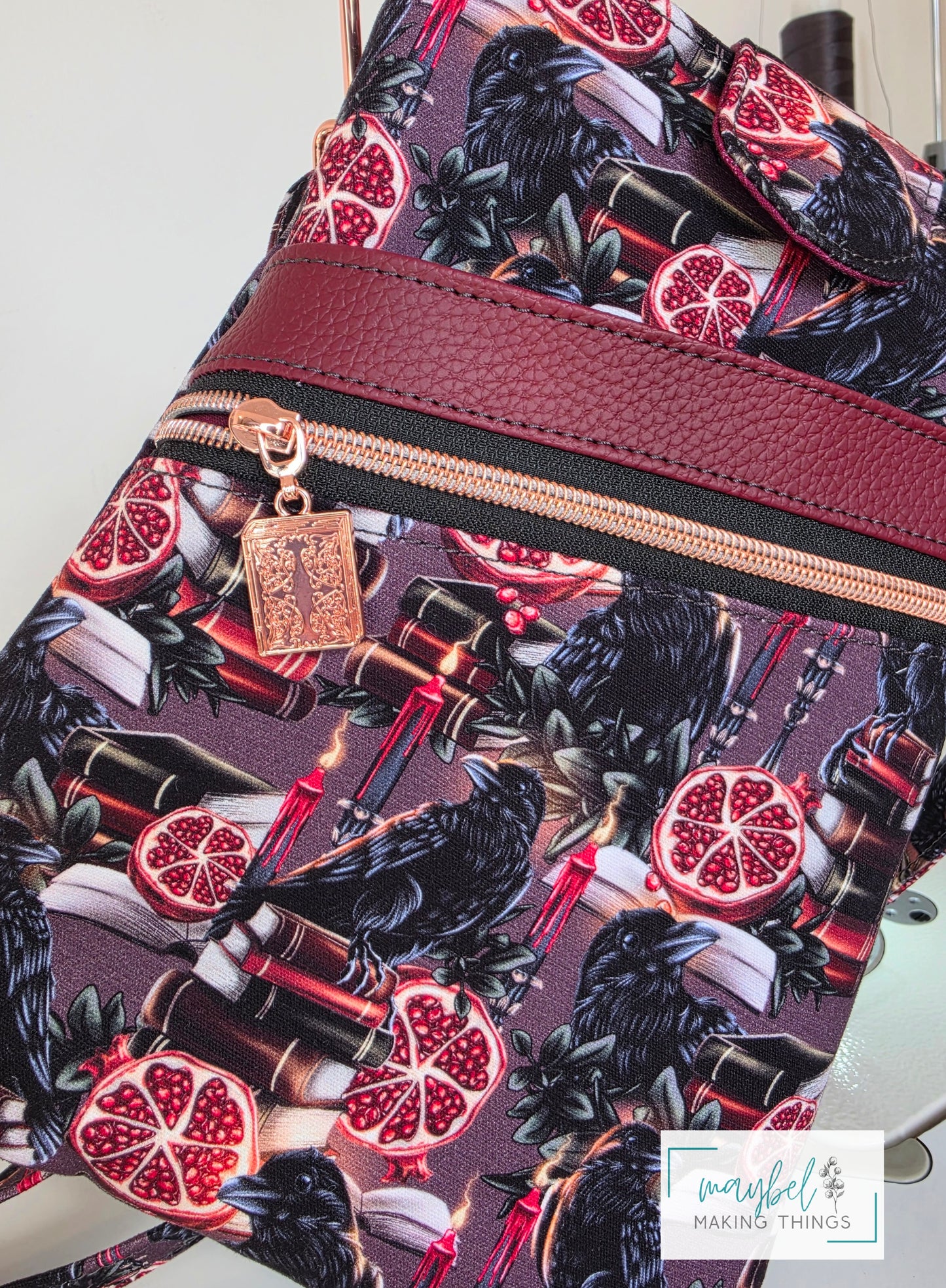 Large Books Sleeve w/crossbody strap Raven, books, pomegranate (In Stock)