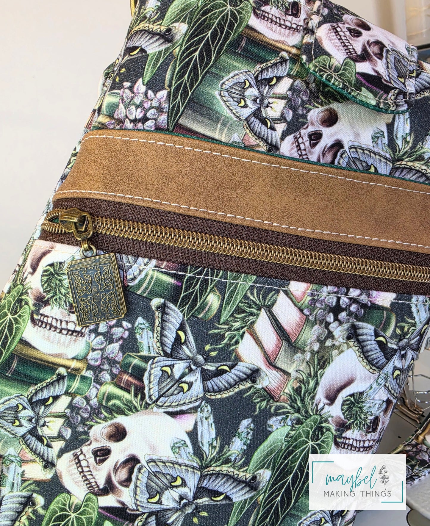 Large Books Sleeve w/crossbody strap Skulls, moth, books Green(In Stock)