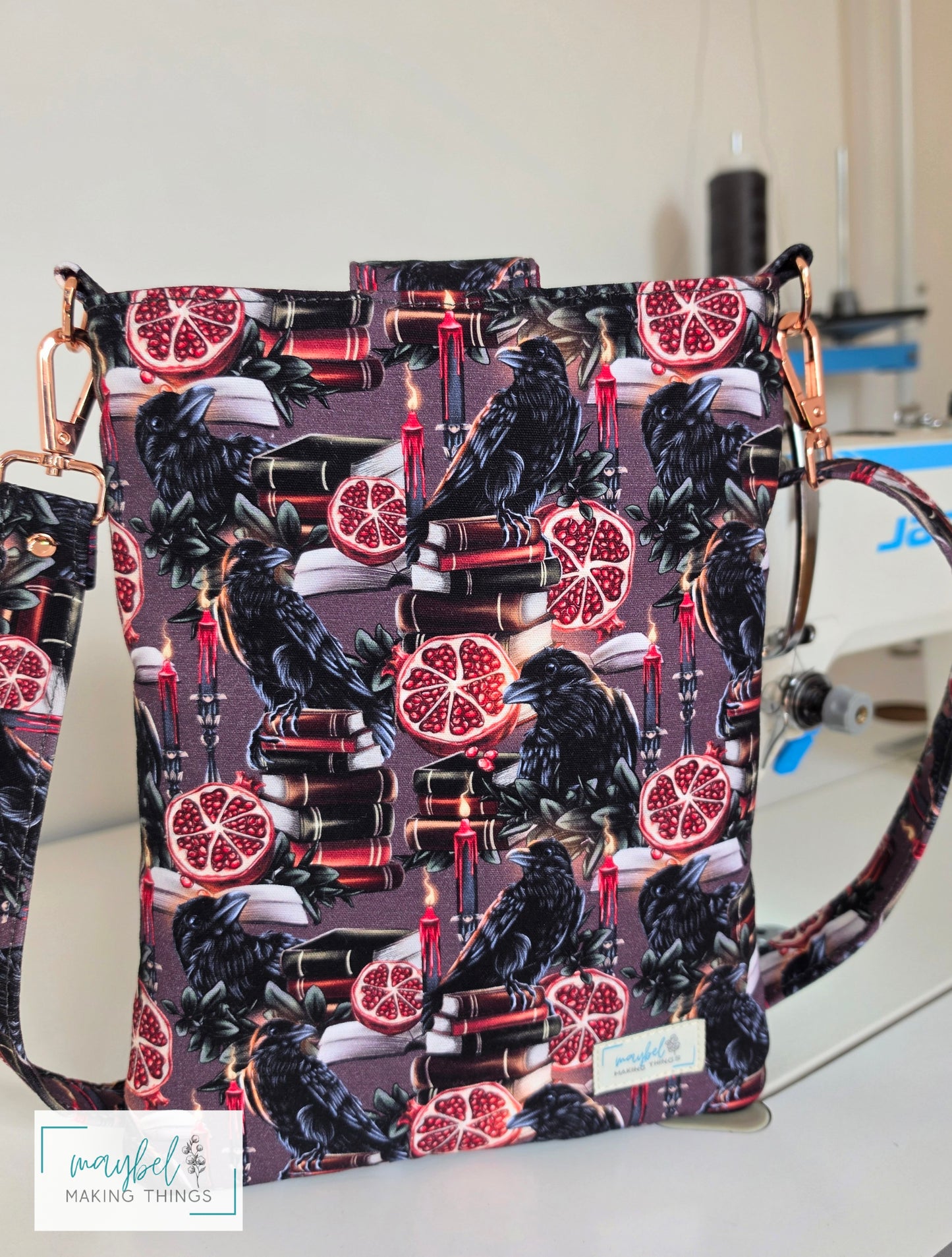Large Books Sleeve w/crossbody strap Raven, books, pomegranate (In Stock)